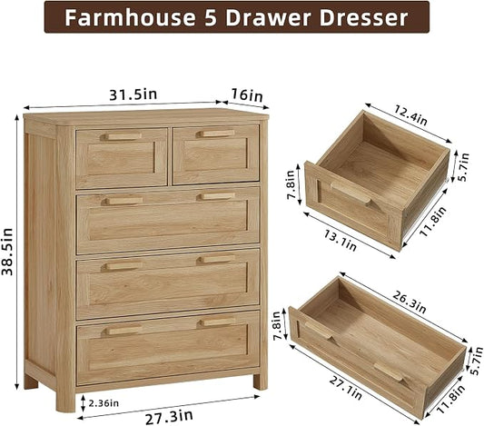 Joaxswe Farmhouse 5 Drawer Dresser for Bedroom, Vertical Dressers Chest of Drawers with 5 Deep Drawers & 4 Thickened Table Legs, Natural Wood