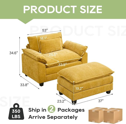 Oprisen 53" Modular Sectional Sofa, Comfy Cloud Couch Sectional Sofa with Ottoman, Chenille Sofa Sleeper Deep Seat Sofa with Throw Pillows for Living Room (Yellow)