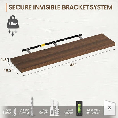 Vivelove 48 Inches Floating Shelves Wall Mounted, 10" Deep Wall Shelves for Bedroom, Bathroom, Living Room, Kitchen, Office, Home Decor, Modern Shelf, Set of 2, Walnut, 48x10.2x1.5