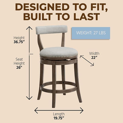 ROME + OAK Ruxban 26" Counter Stool, Set of 2 Low Back Swivel Barstools in Weathered Oak Finish with Sand Fabric Upholstery Seat - Indoor Home Furniture