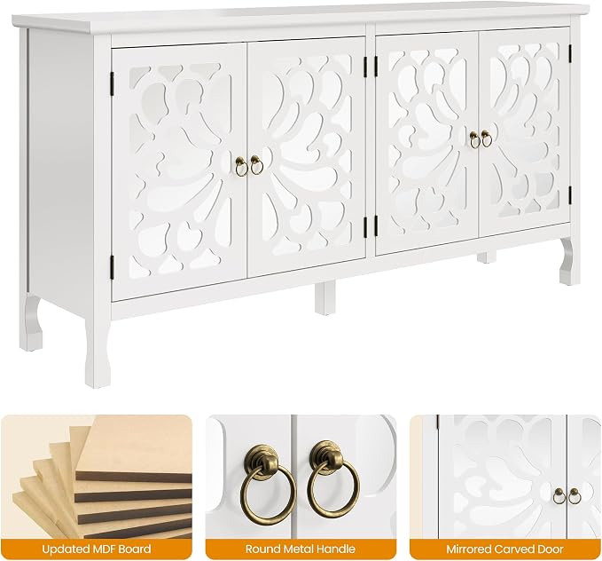 RoyalCraft 63'' Buffet Cabinet with Mirror Butterfly Carved Door, Sideboard Cabinet with Adjustable Shelves, Vintage Accent Credenza Media Console for Entryway, Kitchen, Satin White