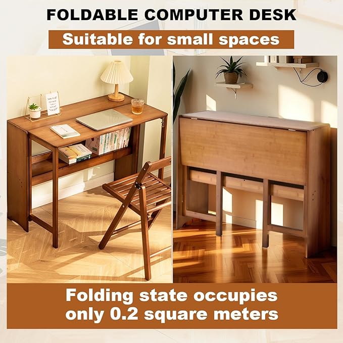 Bamboo Foldable Desk, 41" Folding Bamboo Desk for Small Spaces, Mid Century Small Computer Desks with Bookshelf, Wooden Desks for Home Bedroom Study Office, Brown