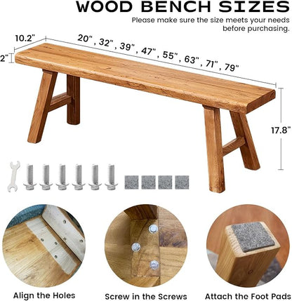 Narrow Entryway Bench Farmhouse Wood End of Bed Bench 20" 32" 39" 47" 55" 63" 71" 79" Sturdy Stable Skinny Long Benchs for Bedroom Hallway Dining Room Porch Easy to Assemble Natural Finish(47")