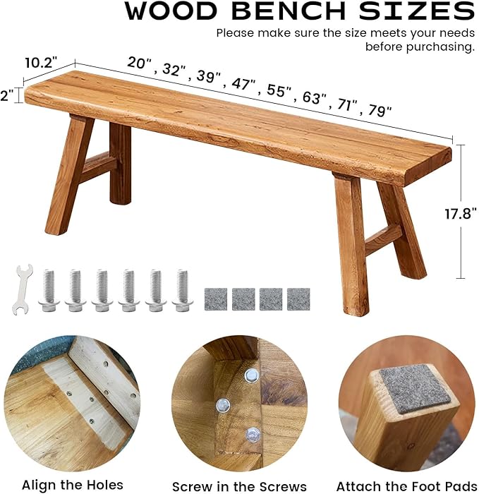 Narrow Entryway Bench Farmhouse Wood End of Bed Bench 20" 32" 39" 47" 55" 63" 71" 79" Sturdy Stable Skinny Long Benchs for Bedroom Hallway Dining Room Porch Easy to Assemble Natural Finish(63")