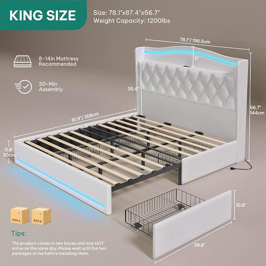 DWVO King Size Bed Frame with 4 Storage Drawers and RGB LED Lights, 57'' Tall Headboard Velvet Upholstered Bed with Charging Station, No Box Spring Needed, Easy Assembly, Noise-Free, Beige