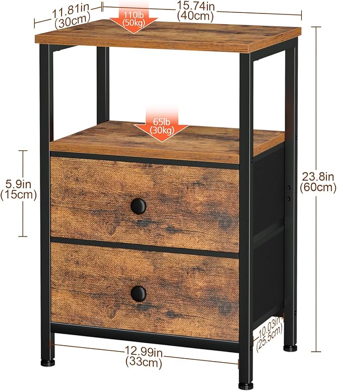 LOAKEKEL Night Stand, Nightstand with 2 Fabric Drawers for Bedroom, Small End Table with Open Storage Shelf, Bedisde Table for Apartment, Rustic Brown, HETS002BR-1