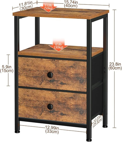 LOAKEKEL Night Stand, Nightstand with 2 Fabric Drawers for Bedroom, Small End Table with Open Storage Shelf, Bedisde Table for Apartment, Rustic Brown, HETS002BR-1