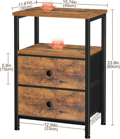 LOAKEKEL Nightstands Set of 2, Night Stand with 2 Fabric Drawers, Bed Side Table with Open Storage Shelf for Bedroom, Small End Tables Living Room, Rustic Brown, HETS002BR