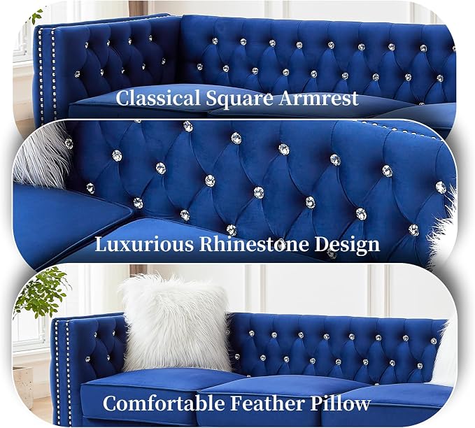 83" Chesterfield Sofa, Velvet Mid-Century Modern Upholstered Couch with 2 Throw Pillows and Acrylic Legs, Nailhead Button Tufted Vintage Sofa for Living Room, Apartment, Office, Blue