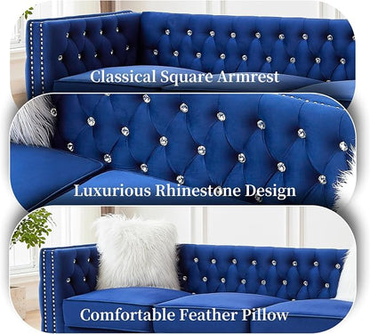 83" Chesterfield Sofa, Velvet Mid-Century Modern Upholstered Couch with 2 Throw Pillows and Acrylic Legs, Nailhead Button Tufted Vintage Sofa for Living Room, Apartment, Office, Blue