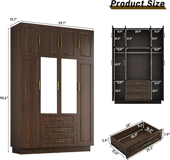 Hlivelood Large Armoire Wardrobe Closet Cabinet with Drawers and LED Lights, Multi-Tier Shelves, Hanging Rod, Large Capacity Storage 4 Door Wardrobe Armoire with Top Cabinet for Bedroom, Brown