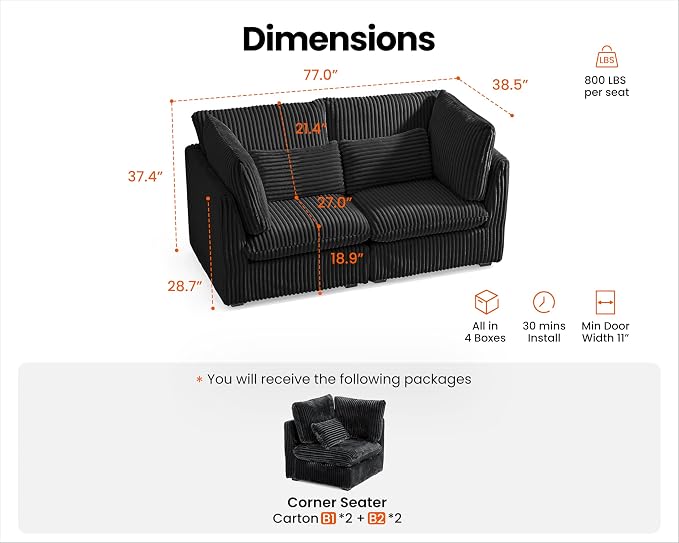 77" Oversized Corduroy Couch Modular Sectional Sofa, Washable Cloud Couch Sectional, 2 Seater Sectional Couches for Living Room, Fully Cover Removable, Loveseat Sofa, Corduroy, Black