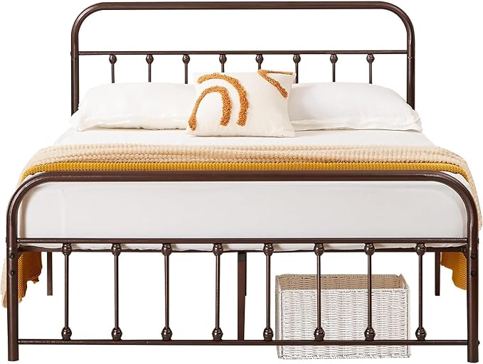 VECELO Full Size Victorian Style Metal Bed Frame with Headboard and Footboard Under Bed Storage No Box Spring Needed Strong Slat Suppor Bed Frame Purple Bronze