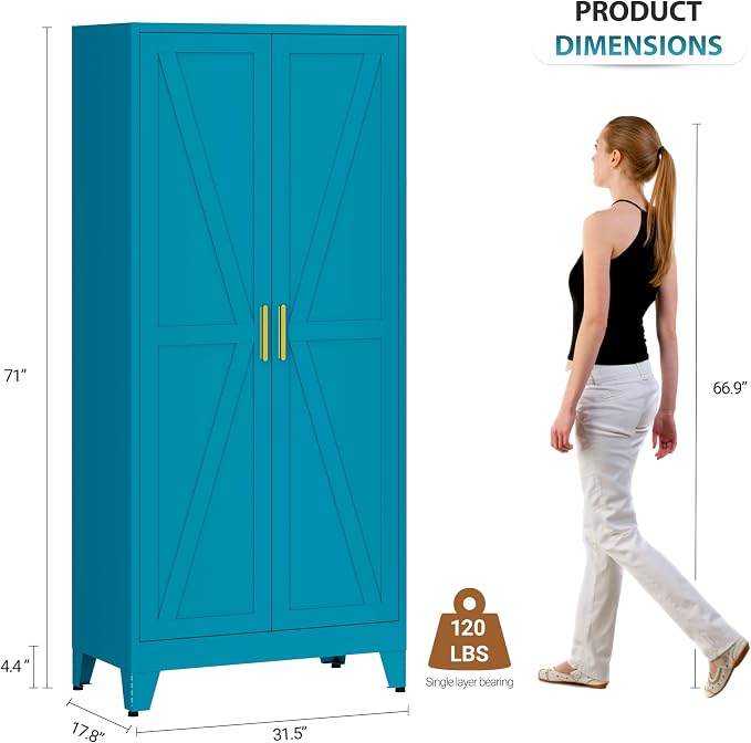 Metal Armoire Wardrobe Closet, 71" Steel Clothing Storage Cabinet with 2 Doors, Hanging Rod & Shelves, Bedroom Armoire Closet, Blue Wardrobe Cabinets for Bedroom