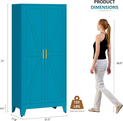 Metal Armoire Wardrobe Closet, 71" Steel Clothing Storage Cabinet with 2 Doors, Hanging Rod & Shelves, Bedroom Armoire Closet, Blue Wardrobe Cabinets for Bedroom