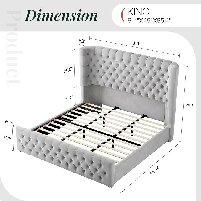 Jocisland King Size Upholstered Bed Frame with 6.3-Inch Curved Wingback Headboard, Tufted Footboard, Wood Slats, No Box Spring Needed, Light Grey Velvet