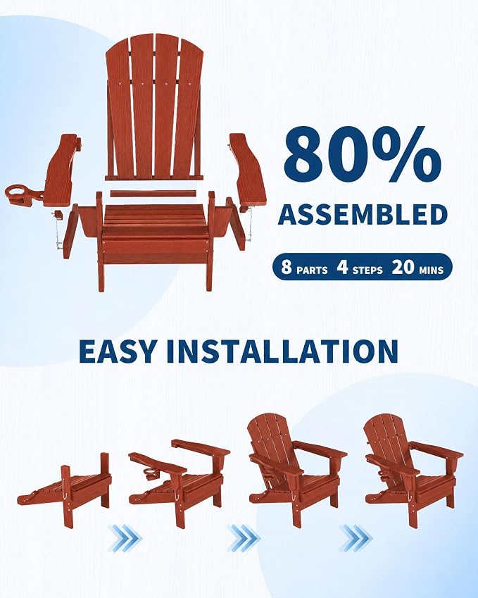 Garvee Folding Adirondack Chair Set of 2 with Side Table, HDPE Outdoor Patio Chair with Cup Holder, All Weather Resistent Wooden Textured for patios, Decks, Gardens, fire Pit, Red