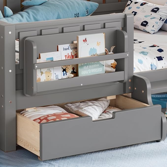 Bellemave Full Kids Montessori Bed with Stairs, Bookshelf and Drawers, Solid Wood Kids Bed Frame with Storage for Boys Girls, Low Profile,Gray