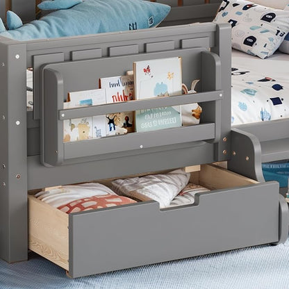 Bellemave Full Kids Montessori Bed with Stairs, Bookshelf and Drawers, Solid Wood Kids Bed Frame with Storage for Boys Girls, Low Profile,Gray
