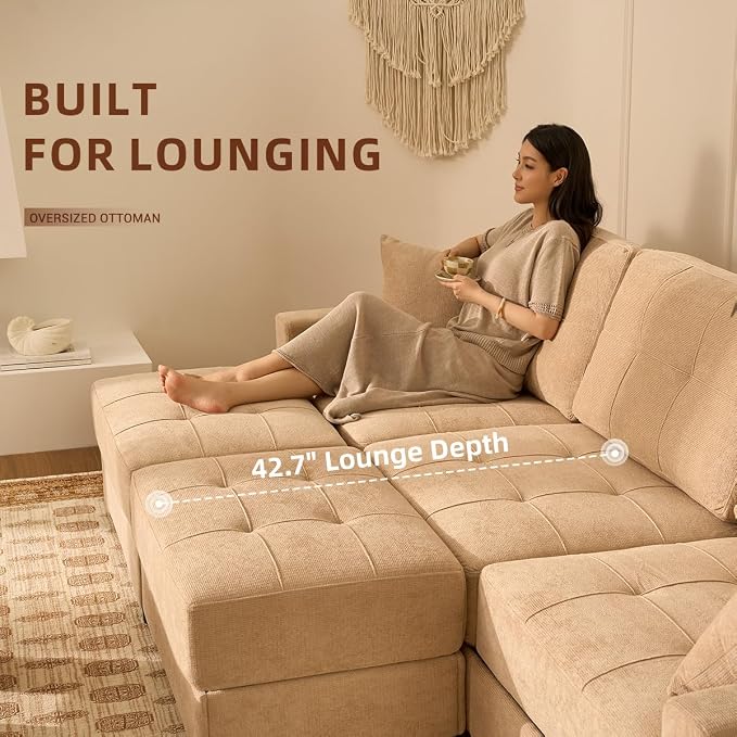 112" U Shaped Modular Cloud Sectional Couch, Waffle Fabric, Oatmeal Beige | Modular Deep Seat Sofa, Movable Ottoman, Pocket Spring Cushions, 2-Box Delivery, Living Room Lounge Use, Not Boneless