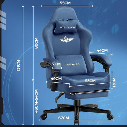 GTPLAYER Gaming Chair Fabric with Pocket Spring Cushion, Big and Tall Gamings Chairs 350LBS High Back Computer Chair with Footrest for Adults Lumbar Support Swivel Game Chair for Office Gaming Blue
