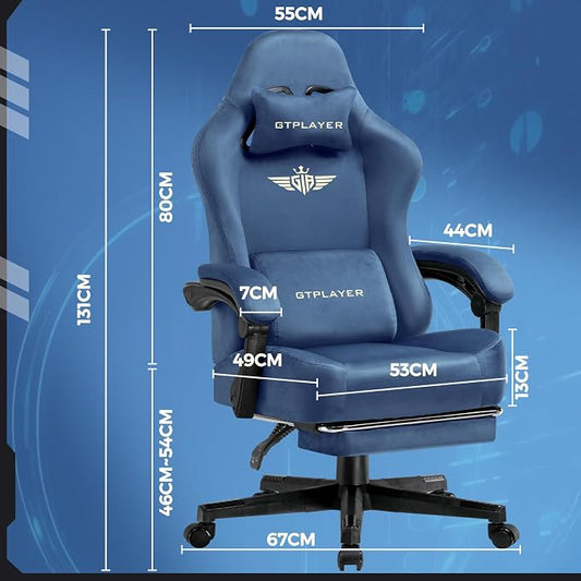 GTPLAYER Gaming Chair Fabric with Pocket Spring Cushion, Big and Tall Gamings Chairs 350LBS High Back Computer Chair with Footrest for Adults Lumbar Support Swivel Game Chair for Office Gaming Blue