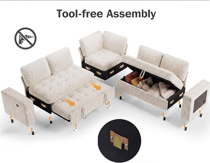 Vipbear 5 Seat L Shaped Modular Sectional Sleeper Sofa Bed with Pull Out Bed/Reclining Backrest/USB Ports/Storage Seat, Sectional Sleeper Couch, Tool-Free Assembly, Chenille Beige
