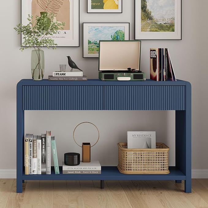 FATORRI Console Sofa Table for Entryway, 47.2 Inch Wood Hallway Tables for Living Room, Modern Couch Table behinde Sofa with 2 Drawers for Foyer Storage (Blue)