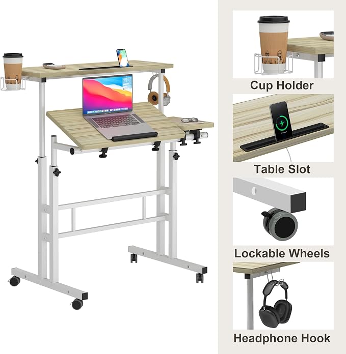 SogesHome 31.5 inch Mobile Standing Desk Adjustable Computer Desk Rolling Laptop Cart Portable Laptop Stand on Wheels Home Office Workstation with Cup Holder,Headphone Holder, Upgrade Maple