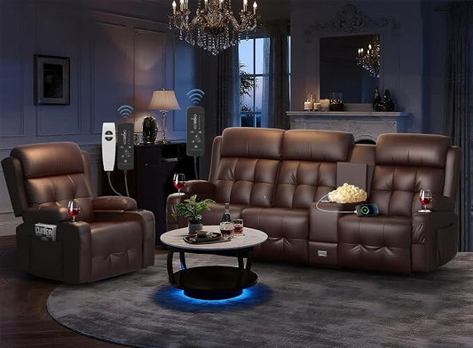 Recliner Sofa Set, Home Theater Seating with Massage, Loveseat Recliner Couch and Recliner Single Chair with USB, Wall Hugger Reclining Movie Theater Chair with Cup Holders, Drawer for Gaming Room