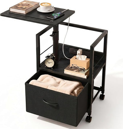 Faesun Swivel Lift Top Nightstand with Charging Station, Rolling Side Table for Recliner, Bedside Table with Wheels & a Fabric Drawer, for Small Spaces, for Bedroom, Living Room, Black