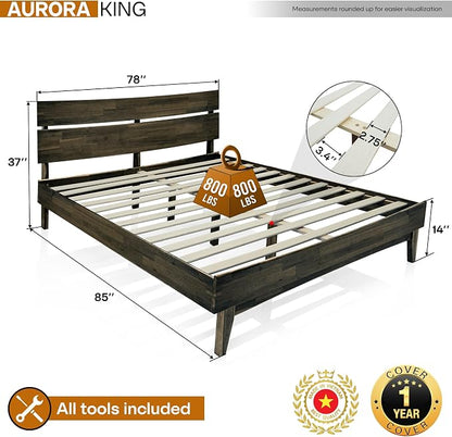 Acacia Aurora Wooden Bed with Headboard, King Size Bed Frame, 800lbs Capacity Wood Bed Compatible with All Mattress Types, Non-Slip & Noise-Free, Wood Slats Support, Easy Assembly, Mocha.