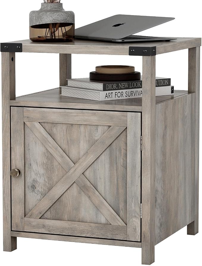 Farmhouse Nightstand Rustic End Table Side Table with Cabinet and Shelf, Wood Night Stand for Bedroom, Gray, 17.7 in