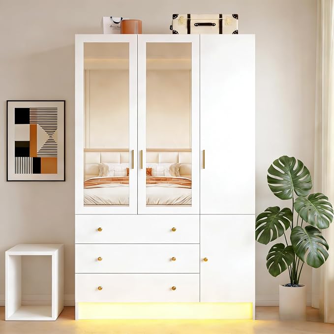 3 Doors Mirrored Wardrobe Armoire Closet with Drawers, LED Armoire Storage Cabinet with Adjustable Shelves & Hanging Rod, 74.8" H Freestanding Clothing Storage Cabinet for Bedroom, White