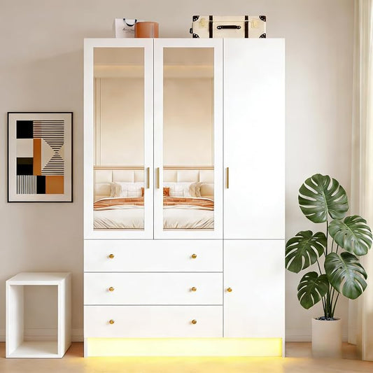3 Doors Mirrored Wardrobe Armoire Closet with Drawers, LED Armoire Storage Cabinet with Adjustable Shelves & Hanging Rod, 74.8" H Freestanding Clothing Storage Cabinet for Bedroom, White