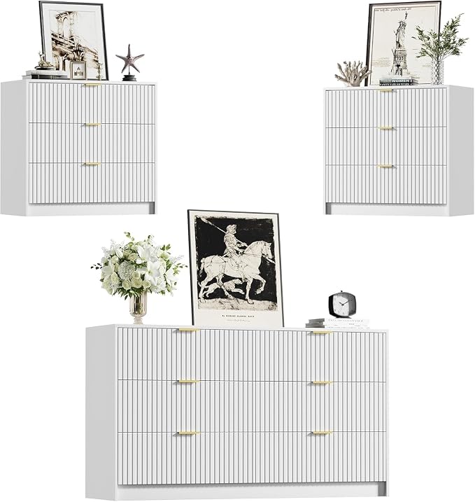 Furniway White Dresser Bedroom Set 3 Pieces, Nightstands Sets of 2, 6 Drawer Dresser with Gold Handles for Bedroom