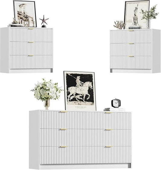 Furniway White Dresser Bedroom Set 3 Pieces, Nightstands Sets of 2, 6 Drawer Dresser with Gold Handles for Bedroom