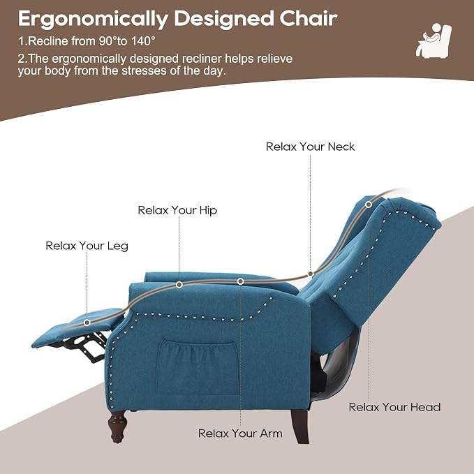 Wingback Recliner with Massage and Heat, Tufted Fabric Push Back Recliner Chair for Living Room, Vintage Wingback Chair with Remote Control, Small Recliners for Small Spaces