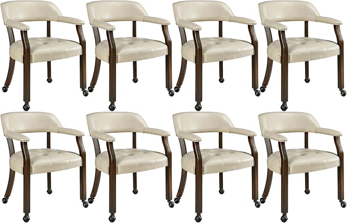 LEEMTORIG Set of 8 Large Dining Chairs with Casters and Arms, Rolling Dining Chairs with Wheels Game Chairs, Wood Boss Caption's Chair, 26"D x 25.2"W x 31.5"H, Espresso Legs & Beige PU, XXY-1910-BG