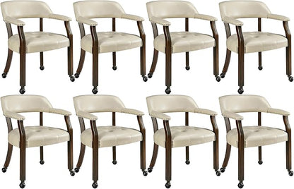LEEMTORIG Set of 8 Large Dining Chairs with Casters and Arms, Rolling Dining Chairs with Wheels Game Chairs, Wood Boss Caption's Chair, 26"D x 25.2"W x 31.5"H, Espresso Legs & Beige PU, XXY-1910-BG