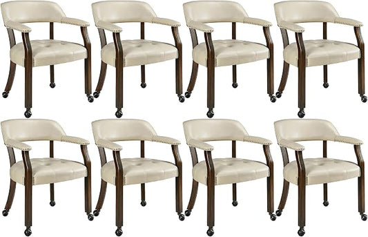 LEEMTORIG Set of 8 Large Dining Chairs with Casters and Arms, Rolling Dining Chairs with Wheels Game Chairs, Wood Boss Caption's Chair, 26"D x 25.2"W x 31.5"H, Espresso Legs & Beige PU, XXY-1910-BG