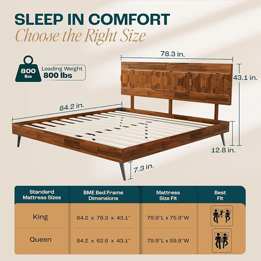 Bme Georgina Signature Dark Choco Bed Frame, King Bed Frame and Headboard Handcrafted Geometric, Mid Century Modern, Solid Acacia Wood, No Box Spring Needed, 12 Wood Slats Support, Easy Assembly