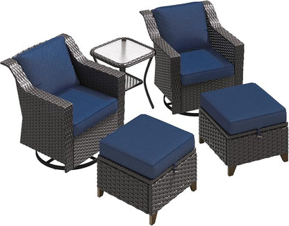 MeetLeisure 5 Pieces Patio Conversation Furniture Set - Swivel Chairs with Ottomans Set of 2, 1 Side Table, Outdoor Wicker Furniture Set with Washable Cushions for Porch, Balcony, Sunroom (Navy Blue)