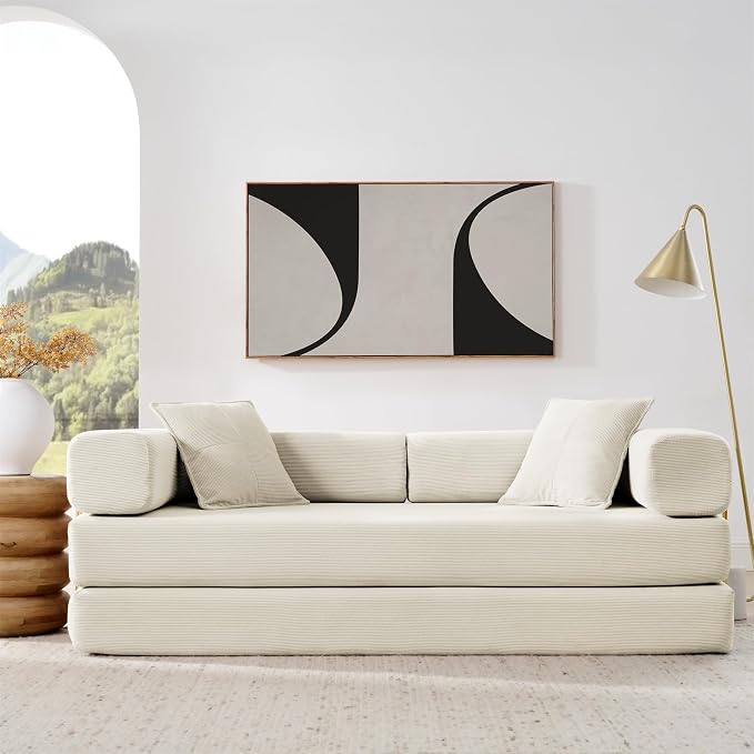 4-in-1 Folding Convertible Sofa Bed, 78 Inch Boneless Couch with Fixed-Shape Frame, Corduroy Loveseat Sleeper with Pull Out Bed, Floor Sofa Modular Futon Couch for Living Room Bedroom Lounge (Beige)