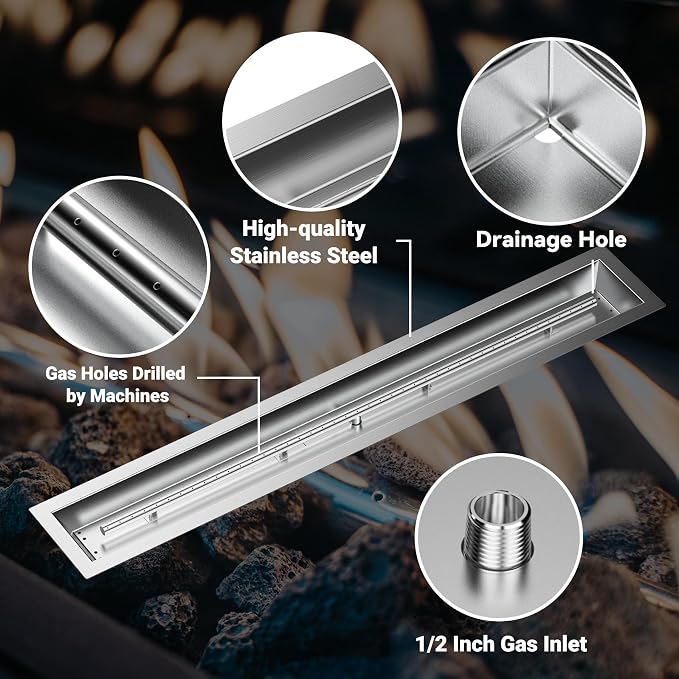 Skyflame 48 x 6 Inch Liner Fire Pit Pan Kit, Stainless Steel Drop-in Fire Pit Pan and Burner, Come with Spark Ignition and Propane Hose, Indoor/Outdoor Fire Table DIY Decorative