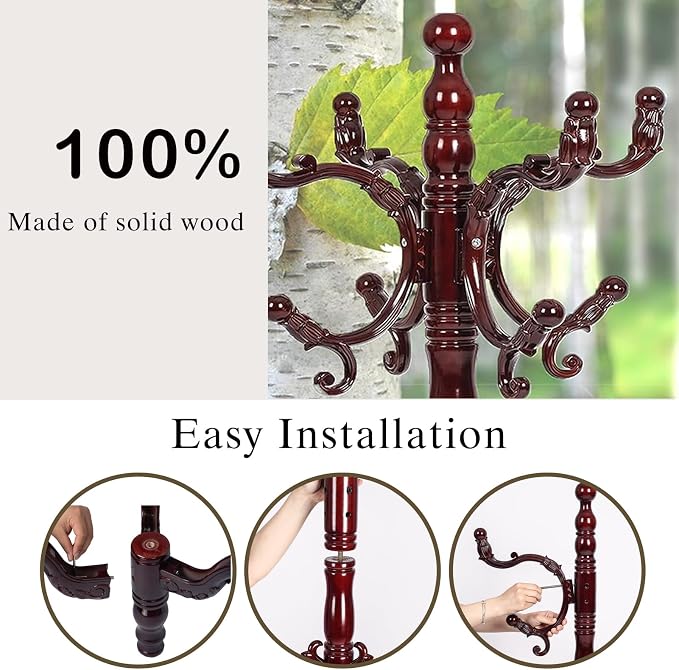 Wooden Coat Rack Freestanding, Hall Tree Hanger With Resin Hooks, Adjustable Heavy Duty Coat Rack for Hanging Clothes Bags Hats in Living Room Bedroom (coat rack, 3 Prong Legs-Rosewood Color)