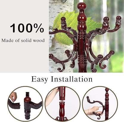 Wooden Coat Rack Freestanding, Hall Tree Hanger With Resin Hooks, Adjustable Heavy Duty Coat Rack for Hanging Clothes Bags Hats in Living Room Bedroom (coat rack, 3 Prong Legs-Rosewood Color)
