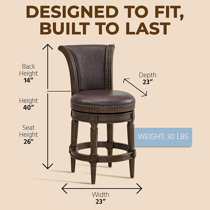 ROME + OAK Set of 2 Runyan 26" Swivel Counter Stool, Rotating High Back Barstool in Dark Walnut Finish with Vintage Brown Vegan Leather Seat