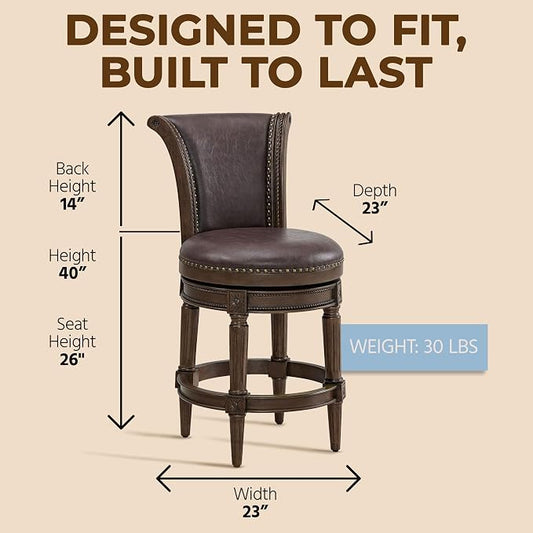 ROME + OAK Set of 2 Runyan 26" Swivel Counter Stool, Rotating High Back Barstool in Dark Walnut Finish with Vintage Brown Vegan Leather Seat