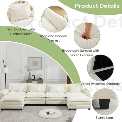 Oprisen 154" Modular Sectional Sofa, Comfy Cloud Couch Sectional Sofa with Ottoman, Chenille Sofa Sleeper Deep Seat Sofa with Throw Pillows for Living Room (Beige White, 154"- U Shape)